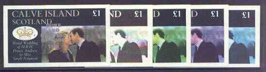 Calve Island 1986 Royal Wedding imperf souvenir sheet (A31 value) opt'd Duke & Duchess of York in silver, the set of 5 progressive proofs, comprising single colour, 2-colour, two x 3-colour combinations plus completed design each with opt. (5 proofs) unmounted mint, stamps on , stamps on  stamps on royalty, stamps on  stamps on andrew & fergie