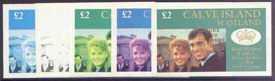 Calve Island 1986 Royal Wedding imperf deluxe sheet (A32 value) opt'd Duke & Duchess of York in gold, the set of 5 progressive proofs, comprising single colour, 2-colour, two x 3-colour combinations plus completed design each with opt. (5 proofs) unmounted mint, stamps on , stamps on  stamps on royalty, stamps on  stamps on andrew & fergie