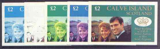 Calve Island 1986 Royal Wedding imperf deluxe sheet (\A32 value) the set of 5 progressive proofs, comprising single colour, 2-colour, two x 3-colour combinations plus completed design (5 proofs) unmounted mint