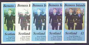 Bernera 1986 Royal Wedding imperf souvenir sheet (\A31 value) opt'd Duke & Duchess of York in gold, the set of 5 progressive proofs, comprising single colour, 2-colour, two x 3-colour combinations plus completed design each with opt. (5 proofs) unmounted mint, stamps on royalty, stamps on andrew & fergie