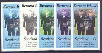 Bernera 1986 Royal Wedding imperf souvenir sheet (A31 value) opt'd Duke & Duchess of York in silver, the set of 5 progressive proofs, comprising single colour, 2-colour, two x 3-colour combinations plus completed design each with opt. (5 proofs) unmounted mint, stamps on , stamps on  stamps on royalty, stamps on  stamps on andrew & fergie