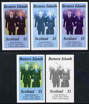 Bernera 1986 Royal Wedding imperf souvenir sheet (A31 value) the set of 5 progressive proofs, comprising single colour, 2-colour, two x 3-colour combinations plus completed design (5 proofs) unmounted mint, stamps on , stamps on  stamps on royalty, stamps on  stamps on andrew & fergie