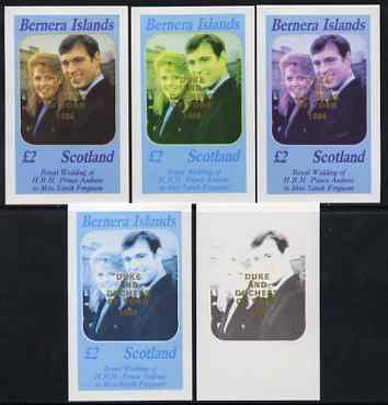 Bernera 1986 Royal Wedding imperf deluxe sheet (A32 value) opt'd Duke & Duchess of York in gold, the set of 5 progressive proofs, comprising single colour, 2-colour, two x 3-colour combinations plus completed design each with opt. (5 proofs) unmounted mint, stamps on , stamps on  stamps on royalty, stamps on  stamps on andrew & fergie