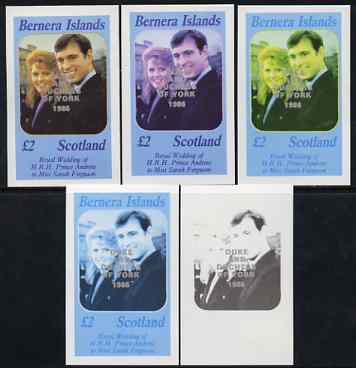 Bernera 1986 Royal Wedding imperf deluxe sheet (A32 value) opt'd Duke & Duchess of York in silver, the set of 5 progressive proofs, comprising single colour, 2-colour, two x 3-colour combinations plus completed design each with opt. (5 proofs) unmounted mint, stamps on , stamps on  stamps on royalty, stamps on  stamps on andrew & fergie