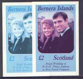 Bernera 1986 Royal Wedding imperf deluxe sheet (A32 value) two progressive proofs, comprising 2-colour and 3-colour combinations (the remaining progressives were damaged by water at the printers) unmounted mint, stamps on , stamps on  stamps on royalty, stamps on  stamps on andrew & fergie