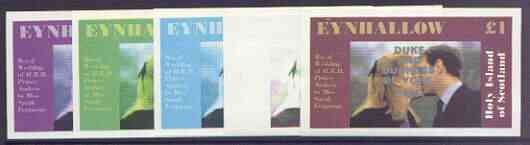 Eynhallow 1986 Royal Wedding imperf souvenir sheet (A31 value) opt'd Duke & Duchess of York in silver, the set of 5 progressive proofs, comprising single colour, 2-colour, two x 3-colour combinations plus completed design each with opt. (5 proofs) unmounted mint, stamps on , stamps on  stamps on royalty, stamps on  stamps on andrew & fergie