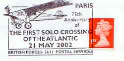 Postmark - Great Britain 2002 cover with illustrated cancel for 75th Anniversary of First Solo Atlantic Crossing, stamps on aviation, stamps on lindbergh