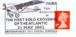 Postmark - Great Britain 2002 cover with illustrated cancel for 75th Anniversary of First Solo Atlantic Crossing, stamps on , stamps on  stamps on aviation, stamps on  stamps on lindbergh