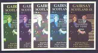 Gairsay 1986 Royal Wedding imperf souvenir sheet (A31 value) opt'd Duke & Duchess of York in silver, the set of 5 progressive proofs, comprising single colour, 2-colour, two x 3-colour combinations plus completed design each with opt. (5 proofs) unmounted mint, stamps on , stamps on  stamps on royalty, stamps on  stamps on andrew & fergie