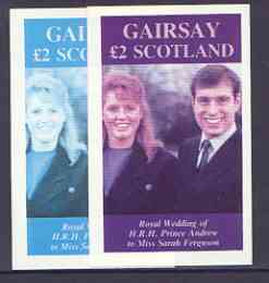 Gairsay 1986 Royal Wedding imperf deluxe sheet (A32 value) two progressive proofs only, comprising 2-colour and 3-colour combinations (note the remaining progressives were damaged by water at the printers) unmounted mint, stamps on , stamps on  stamps on royalty, stamps on  stamps on andrew & fergie