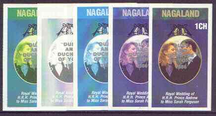 Nagaland 1986 Royal Wedding imperf souvenir sheet (1ch value) opt'd Duke & Duchess of York in silver, the set of 5 progressive proofs, comprising single colour, 2-colour, two x 3-colour combinations plus completed design each with opt. (5 proofs) unmounted mint, stamps on , stamps on  stamps on royalty, stamps on  stamps on andrew & fergie