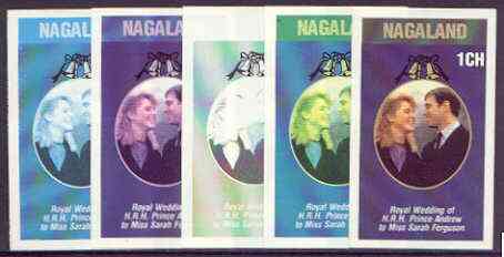 Nagaland 1986 Royal Wedding imperf souvenir sheet (1ch value) the set of 5 progressive proofs, comprising single colour, 2-colour, two x 3-colour combinations plus completed design (5 proofs) unmounted mint, stamps on , stamps on  stamps on royalty, stamps on  stamps on andrew & fergie