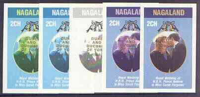 Nagaland 1986 Royal Wedding imperf deluxe sheet (2ch value) optd Duke & Duchess of York in gold, the set of 5 progressive proofs, comprising single colour, 2-colour, two ..., stamps on royalty, stamps on andrew & fergie