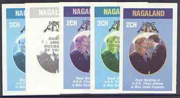 Nagaland 1986 Royal Wedding imperf deluxe sheet (2ch value) opt'd Duke & Duchess of York in silver, the set of 5 progressive proofs, comprising single colour, 2-colour, two x 3-colour combinations plus completed design each with opt. (5 proofs) unmounted mint, stamps on , stamps on  stamps on royalty, stamps on  stamps on andrew & fergie