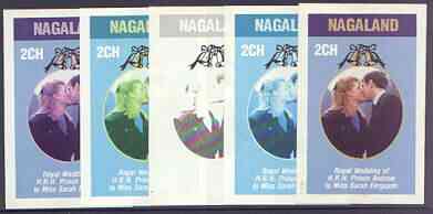 Nagaland 1986 Royal Wedding imperf deluxe sheet (2ch value) the set of 5 progressive proofs, comprising single colour, 2-colour, two x 3-colour combinations plus completed design (5 proofs) unmounted mint, stamps on royalty, stamps on andrew & fergie