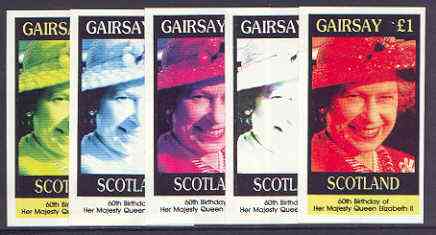 Gairsay 1986 Queens 60th Birthday imperf souvenir sheet (\A31 value) the set of 5 progressive proofs comprising single colour, 2-colour, two x 3-colour combinations plus ..., stamps on royalty, stamps on 60th birthday