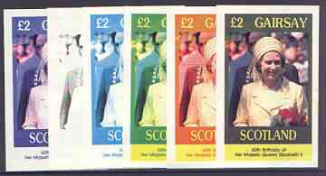 Gairsay 1986 Queen's 60th Birthday imperf deluxe sheet (A32 value) the set of 6 progressive proofs comprising single colour, 2-colour, three x 3-colour combinations plus completed design (6 proofs) unmounted mint, stamps on , stamps on  stamps on royalty, stamps on  stamps on 60th birthday