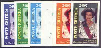 Eritrea 1986 Queens 60th Birthday imperf deluxe sheet (240s value) the set of 6 imperf progressive proofs comprising single colour, 2-colour, three x 3-colour combination..., stamps on royalty, stamps on 60th birthday