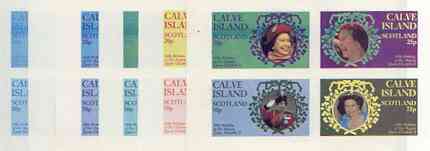 Calve Island 1986 Queen's 60th Birthday imperf sheetlet containing 4 values, the set of 6 progressive proofs comprising single colour, 2-colour, three x 3-colour combinations plus completed design (24 proofs) unmounted mint, stamps on royalty, stamps on 60th birthday