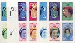 Nagaland 1986 Queen's 60th Birthday imperf sheetlet containing 4 values, the set of 6 progressive proofs comprising single colour, 2-colour, three x 3-colour combinations plus completed design (24 proofs) unmounted mint, stamps on royalty, stamps on 60th birthday