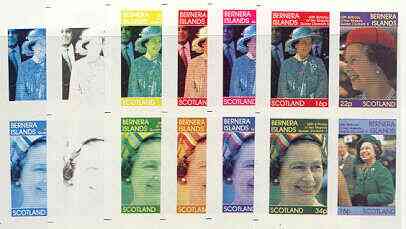 Bernera 1986 Queen's 60th Birthday imperf sheetlet containing 4 values, the set of 6 progressive proofs comprising single colour, 2-colour, three x 3-colour combinations plus completed design (24 proofs) unmounted mint, stamps on , stamps on  stamps on royalty, stamps on  stamps on 60th birthday