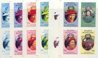 Staffa 1986 Queen's 60th Birthday imperf sheetlet containing 4 values, the set of 6 progressive proofs comprising single colour, 2-colour, three x 3-colour combinations plus completed design (24 proofs) unmounted mint, stamps on , stamps on  stamps on royalty, stamps on  stamps on 60th birthday