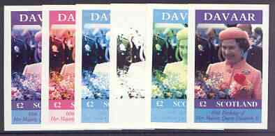 Davaar Island 1986 Queen's 60th Birthday imperf deluxe sheet (A32 value) the set of 6 imperf progressive proofs comprising single colour, 2-colour, three x 3-colour combinations plus completed design (6 proofs) unmounted mint, stamps on , stamps on  stamps on royalty, stamps on  stamps on 60th birthday