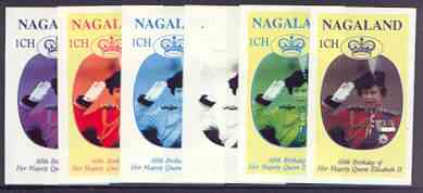 Nagaland 1986 Queen's 60th Birthday imperf souvenir sheet (1ch value) the set of 6 progressive proofs comprising single colour, 2-colour, three x 3-colour combinations plus completed design (6 proofs) unmounted mint, stamps on royalty, stamps on 60th birthday