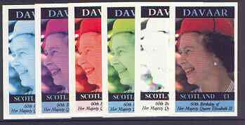 Davaar Island 1986 Queens 60th Birthday imperf souvenir sheet (\A31 value) the set of 6 progressive proofs comprising single colour, 2-colour, three x 3-colour combinatio..., stamps on royalty, stamps on 60th birthday