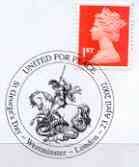 Postmark - Great Britain 2002 cover with St Georges Day cancel United for Peace illustrated with St George & Dragon, stamps on saints, stamps on peace, stamps on dragons, stamps on st george