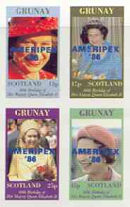 Grunay 1986 Queen's 60th Birthday imperf sheetlet of 4 with AMERIPEX opt in blue unmounted mint, stamps on , stamps on  stamps on royalty, stamps on  stamps on 60th birthday, stamps on  stamps on stamp exhibitions