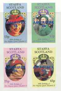 Staffa 1986 Queen's 60th Birthday imperf sheetlet of 4 with AMERIPEX opt in blue unmounted mint, stamps on royalty, stamps on 60th birthday, stamps on stamp exhibitions