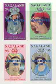 Nagaland 1986 Queens 60th Birthday imperf sheetlet of 4 with AMERIPEX opt in blue unmounted mint, stamps on royalty, stamps on 60th birthday, stamps on stamp exhibitions