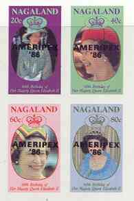 Nagaland 1986 Queens 60th Birthday imperf sheetlet of 4 with AMERIPEX opt in black unmounted mint, stamps on royalty, stamps on 60th birthday, stamps on stamp exhibitions