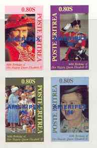 Eritrea 1986 Queens 60th Birthday imperf sheetlet of 4 with AMERIPEX opt in blue unmounted mint, stamps on royalty, stamps on 60th birthday, stamps on stamp exhibitions