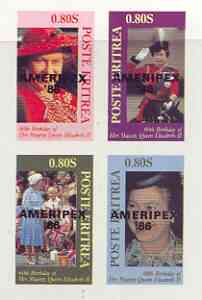 Eritrea 1986 Queens 60th Birthday imperf sheetlet of 4 with AMERIPEX opt in black unmounted mint, stamps on royalty, stamps on 60th birthday, stamps on stamp exhibitions