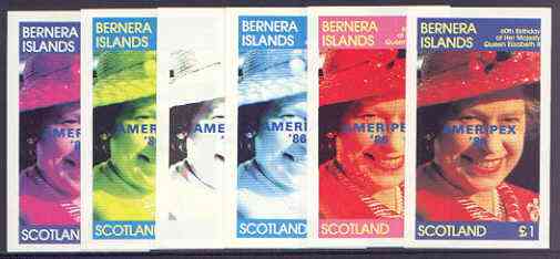 Bernera 1986 Queen's 60th Birthday imperf souvenir sheet (A31 value) with AMERIPEX opt in blue, the set of 6 progressive proofs comprising single colour, 2-colour, three x 3-colour combinations plus completed design (6 proofs) unmounted mint, stamps on , stamps on  stamps on royalty, stamps on  stamps on 60th birthday, stamps on  stamps on stamp exhibitions