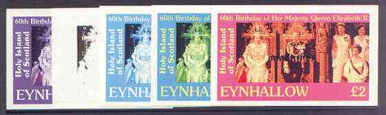 Eynhallow 1986 Queen's 60th Birthday imperf deluxe sheet (A32 value) with AMERIPEX opt in black, set of 5 progressive proofs comprising single & various composite combinations unmounted mint, stamps on , stamps on  stamps on royalty, stamps on  stamps on 60th birthday, stamps on  stamps on stamp exhibitions