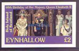 Eynhallow 1986 Queen's 60th Birthday imperf deluxe sheet (£2 value) with AMERIPEX opt in blue unmounted mint, stamps on royalty, stamps on 60th birthday, stamps on stamp exhibitions