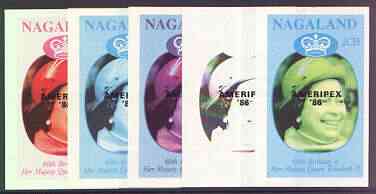 Nagaland 1986 Queen's 60th Birthday imperf deluxe sheet (2Ch value) with AMERIPEX opt in black, set of 5 progressive proofs comprising single & various composite combinations unmounted mint, stamps on , stamps on  stamps on royalty, stamps on  stamps on 60th birthday, stamps on  stamps on stamp exhibitions