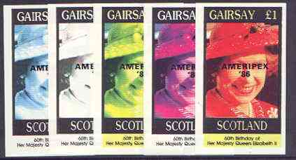 Gairsay 1986 Queens 60th Birthday imperf souvenir sheet (\A31 value) with AMERIPEX opt in black, set of 5 progressive proofs comprising single & various composite combina..., stamps on royalty, stamps on 60th birthday, stamps on stamp exhibitions
