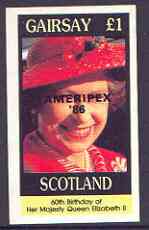 Gairsay 1986 Queen's 60th Birthday imperf souvenir sheet (Â£1 value) with AMERIPEX opt in black unmounted mint, stamps on , stamps on  stamps on royalty, stamps on  stamps on 60th birthday, stamps on  stamps on stamp exhibitions