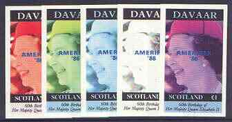 Davaar Island 1986 Queen's 60th Birthday imperf souvenir sheet (A31 value) with AMERIPEX opt in blue, the set of 5 progressive proofs comprising single colour, 2-colour and three x 3-colour combinations (5 proofs) unmounted mint, stamps on , stamps on  stamps on royalty, stamps on  stamps on 60th birthday