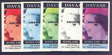 Davaar Island 1986 Queen's 60th Birthday imperf souvenir sheet (A31 value) with AMERIPEX opt in black, the set of 5 progressive proofs comprising single colour, 2-colour and three x 3-colour combinations (5 proofs) unmounted mint, stamps on , stamps on  stamps on royalty, stamps on  stamps on 60th birthday