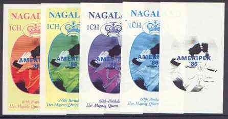 Nagaland 1986 Queens 60th Birthday imperf souvenir sheet (1ch value) with AMERIPEX opt in blue, set of 5 progressive proofs comprising single & various composite combinat..., stamps on royalty, stamps on 60th birthday, stamps on stamp exhibitions