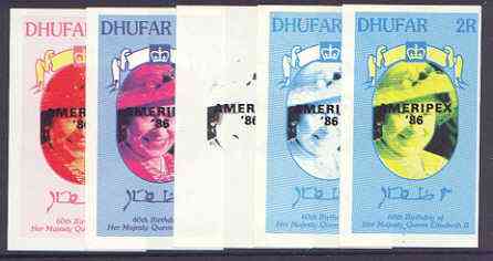 Dhufar 1986 Queens 60th Birthday imperf souvenir sheet (2R value) with AMERIPEX opt in black, set of 5 progressive proofs comprising single & various composite combinatio..., stamps on royalty, stamps on 60th birthday, stamps on stamp exhibitions