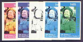 Eritrea 1986 Queens 60th Birthday imperf souvenir sheet (160s value) with AMERIPEX opt in black, set of 5 progressive proofs comprising single & various composite combina..., stamps on royalty, stamps on 60th birthday, stamps on stamp exhibitions