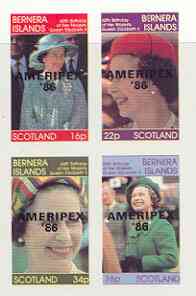 Bernera 1986 Queen's 60th Birthday imperf sheetlet containing 4 values with AMERIPEX opt in black unmounted mint, stamps on , stamps on  stamps on royalty, stamps on  stamps on 60th birthday, stamps on  stamps on stamp exhibitions