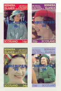 Bernera 1986 Queen's 60th Birthday imperf sheetlet containing 4 values with AMERIPEX opt in blue unmounted mint, stamps on , stamps on  stamps on royalty, stamps on  stamps on 60th birthday, stamps on  stamps on stamp exhibitions