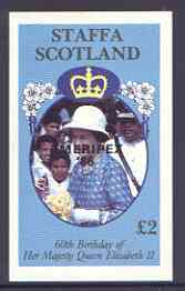 Staffa 1986 Queen's 60th Birthday imperf deluxe sheet (£2 value) with AMERIPEX opt in black unmounted mint, stamps on royalty, stamps on 60th birthday, stamps on stamp exhibitions